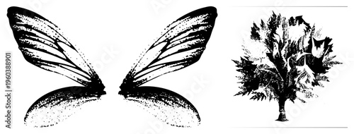 Stylized fairy wings and tree rendered in halftone dot, black and white vector graphic, illustration, isolated foreground elements.