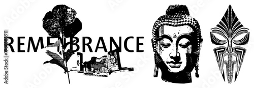 Mourning emblem with rose, temple ruins, Buddha head, tribal mask, engraved text, solemn memorial, commemorative graphic.