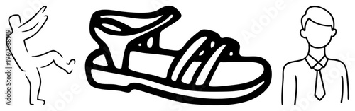 Three stylized figures ballet dancer mid kick, sneaker with bold stripes, businessman in tie, all in clean black, representing movement, sport, and professionalism.