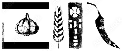 Hand drawn black and white illustration of garlic bulb, wheat stalk, breadstick, chili pepper, rustic kitchen elements, food art, cooking essentials.