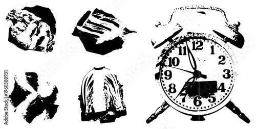 Retro alarm clock with distressed texture, paired with abstract crumpled paper and torn fabric, vector art, isolated foreground elements.