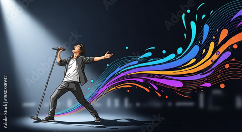 Singer performing on stage with colorful abstract light trails and spotlight music performance concept