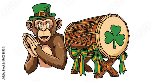 St. Patricks Day Monkey with Drum and Shamrock.