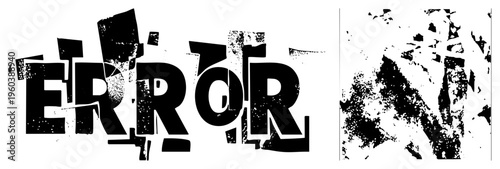 Broken digital text reading "ERROR" with shattered letterforms, halftone noise, glitch art style, isolated typography, tech failure motif.