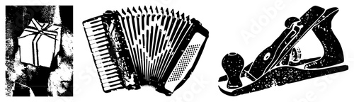 Gift box with ribbon, hand holding present, musical, woodworking plane, halftone vector art, isolated, craft tools, music instrument.