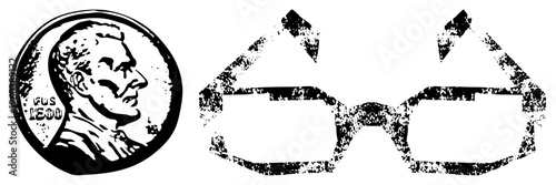 Classic US penny featuring profile, paired with stylized glasses, distressed texture, vector art, retro graphic design.