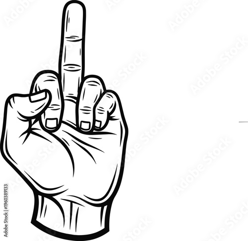 Hand gesture with raised middle finger illustration, expressive symbol for attitude, rebellion concept and bold communication design black and white