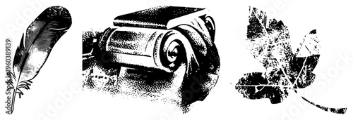 Retro styled halftone illustrations of feather quill, vintage typewriter, and textured leaf, graphic design elements.