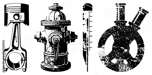 Black and white vector illustrations of industrial, including piston, fire hydrant, ruler, and gear mechanism, rendered in halftone texture for technical or design use.