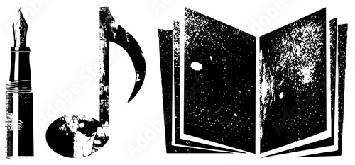 Classic fountain pen, musical notation symbol, open book pages, vector art, creative writing tools, artistic typography, educational.