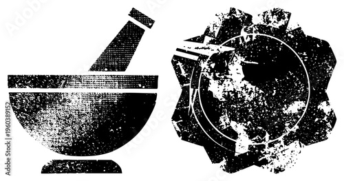 Textured black mortar and pestle, distressed gear, halftone style, vector graphic, isolated elements, rustic tool set, mechanical symbol.