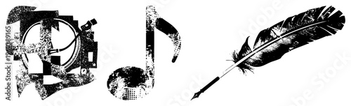 Retro turntable with stylus, halftone musical note, feather quill pen, vector art, artistic symbolism, creative tools, music and writing.