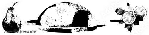 Black and white halftone pear, croissant, and citrus slices, stylized graphic elements, food, vector art, isolated assets.