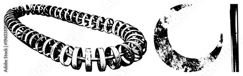 Graphic necklace with interlocking rings, textured pendant, halftone vector art, minimalist jewelry design, black and white illustration.