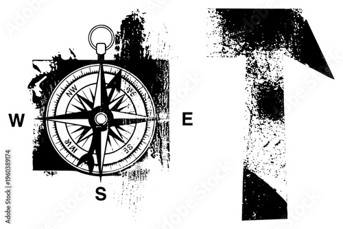 Classic navigational compass with cardinal points, directional arrow, distressed ink texture, outdoor exploration gear, adventure map tool.