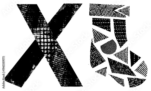 Stylized letter X with halftone texture, fragmented abstract glyph, graphic design, vector art,, typographic element, isolated.