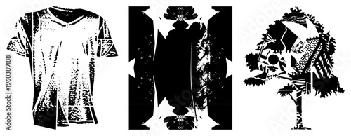 Graphic vector art featuring stylized t shirt, human figure, and tree with bold halftone textures, aesthetic, modern abstract composition.