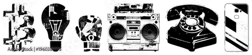 Retro technology symbols including Bitcoin, lightbulb, glove, boombox, rotary phone, and smartphone, stylized with gritty halftone texture and bold for graphic design.