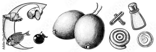 Antique style engraved illustration of seafood, fruits, and spices, including fish, kiwi, cinnamon, salt, and spirals, rendered in halftone dotwork.