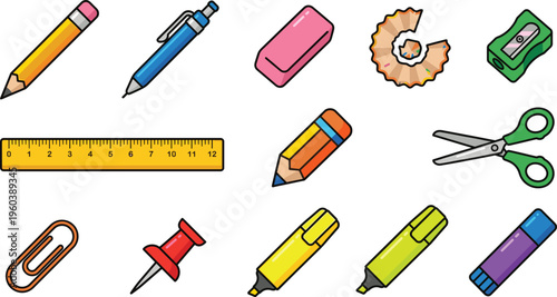 Stationery school supplies icons set pencil pen ruler eraser scissors highlighter office tools colorful vector collection design elements