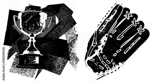 Athletic victory symbol with trophy and glove, sports achievement, baseball equipment graphic, halftone vector art, competitive spirit motif.