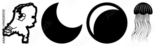 Vector including Netherlands map, moon, yin yang symbol, jellyfish silhouette. Minimalist,, graphic design elements.
