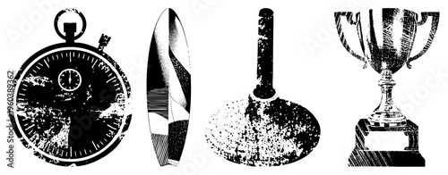 Retro stopwatch with grunge texture, surfboard with striped, plunger with speckled base, trophy cup on pedestal all in halftone style.
