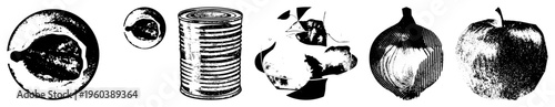 Stylized halftone depiction of sliced fig, cherry, can, onion,, graphic design, food, retro aesthetic, isolated elements.