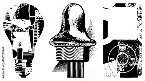 Retro styled electrical components rendered in halftone, including bulb, plug, and outlet, ideal for design or tech illustrations.