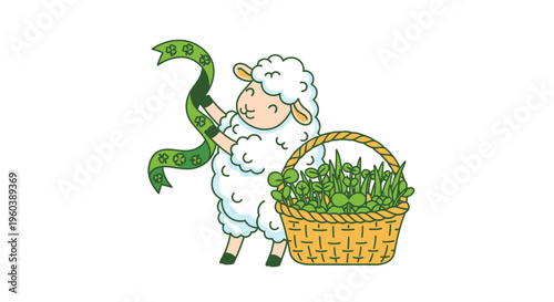 Whimsical Sheep with Scarf and Basket of Greenery Illustration.