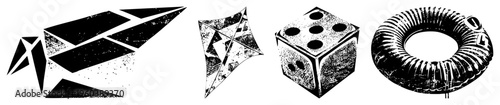 Abstract black and white vector origami bird, geometric kite, die cube, toroidal transformer. Graphic design elements with halftone texture, isolated shapes, flat silhouette style.
