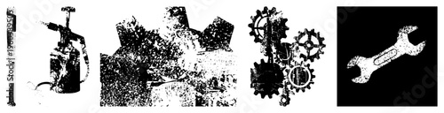 Retro spray can nozzle, worn gear assembly, industrial machinery, mechanical, textured vector illustration, mechanical art.