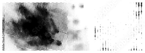 Vector halftone forming gradient from dense to sparse dots, design, graphic art element, print texture, digital illustration component.