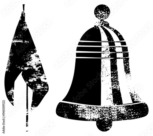 Black and white graphic of bell and flag, distressed halftone style, symbolic communication elements, isolated vector symbols for design use.