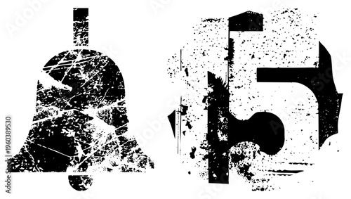 Vintage style bell and numeral five symbols, distressed vector graphics, isolated, stencil art, urban design elements.