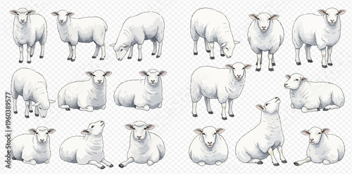 Collection of white sheep in various poses, isolated on a transparent background, depicting farm animals and livestock.