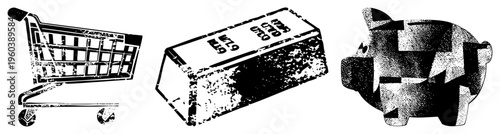 symbols of commerce, finance, and savings rendered in gritty halftone, shopping cart, gold bar, piggy bank, budgeting, wealth, consumerism.