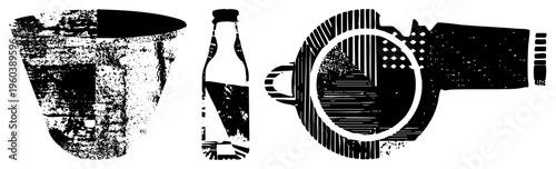 Retro coffee filter cone, glass beverage bottle, and espresso machine with textured halftone, minimalist vector design, illustration.