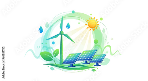 Eco friendly energy, renewable power, solar panels, wind turbine, sustainable icon