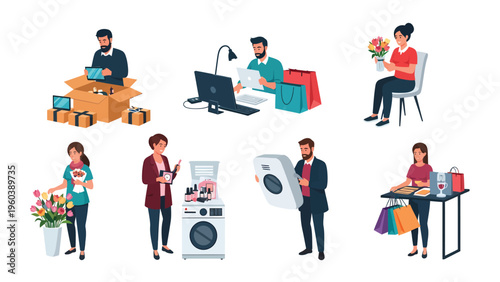 E-commerce and Retail Activities Vector Set. People Shopping, Packing, Delivering, and Receiving Goods.