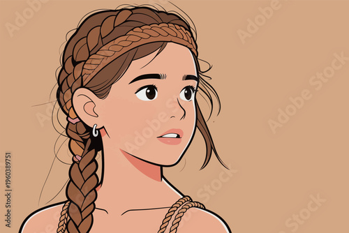 Young girl with braid and headband looking thoughtful against a simple background