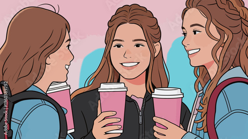 Friends talk and laugh while holding coffee cups in a relaxed setting during the afternoon