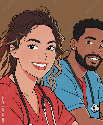 Health care workers smile at the camera while wearing scrubs in a clinic setting during the day