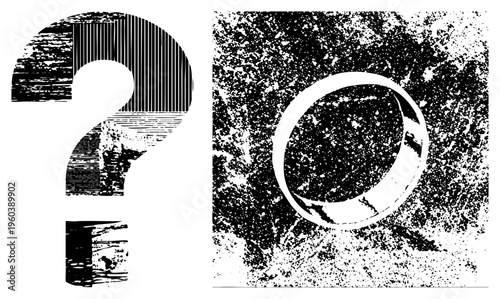 Distressed typographic symbols, question mark and circle, vintage halftone texture, graphic design elements, retro print aesthetic, isolated vector.