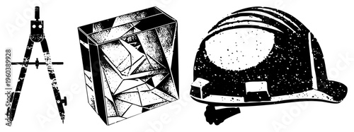 Technical drawing tool, geometric cube with halftone shading, safety helmet with speckled texture, vector art, engineering, design, construction, precision tools, industrial gear.