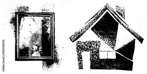 Artistic black and white halftone illustration of a framed mirror and a stylized house, rendered with textured dots and sharp geometric forms, ideal for graphic design or print.