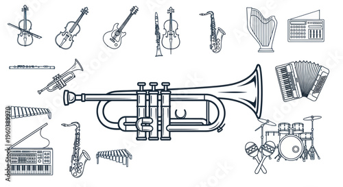 Collection of Musical Instruments - Vector Line Art Illustration