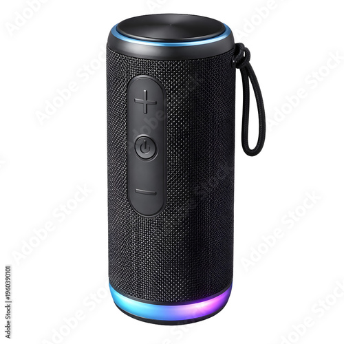 Portable Bluetooth Speaker Isolated on Transparent Background, Wireless Smart Audio Speaker with LED Light Ring, Modern Sound Device PNG Transparent Background