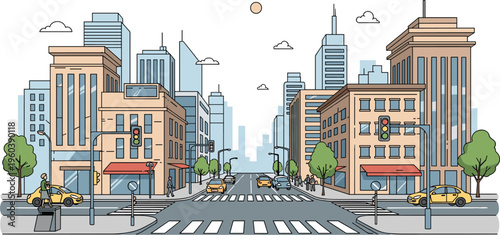 Modern city street landscape vector illustration with skyscrapers crosswalk traffic lights and yellow cars for urban life metropolis and architectural city scene design