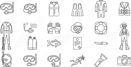 Large collection of scuba diving icons featuring snorkeling masks oxygen tanks fins wetsuits and underwater exploration equipment for marine sports aquatic recreation and travel designs